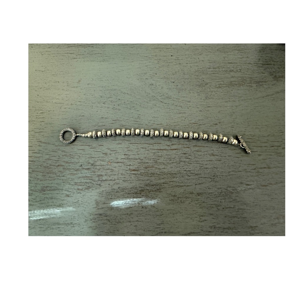 Beaded Toggle Bracelet Textured Spacers 8 Inch Silver Tone